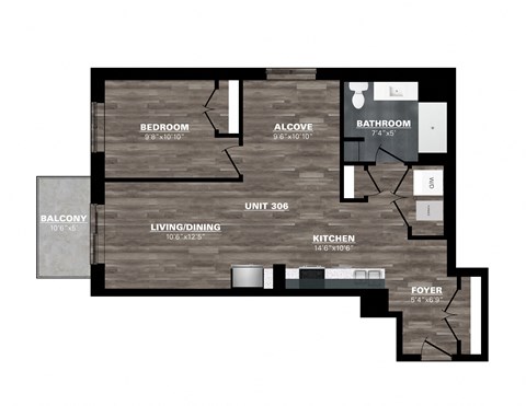 a floor plan of a studio apartment with a wood floor